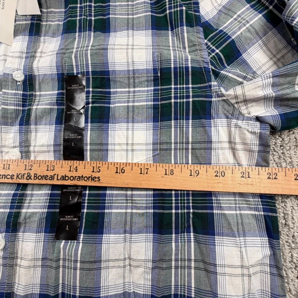NEW Banana Republic Button Down Shirt Mens L Green Navy Plaid Slim Fit Untucked
